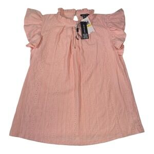 Cable & Gauge Size M Pink Blouse Eyelet Ruffle Mock Neck Flutter Sleeve Romantic